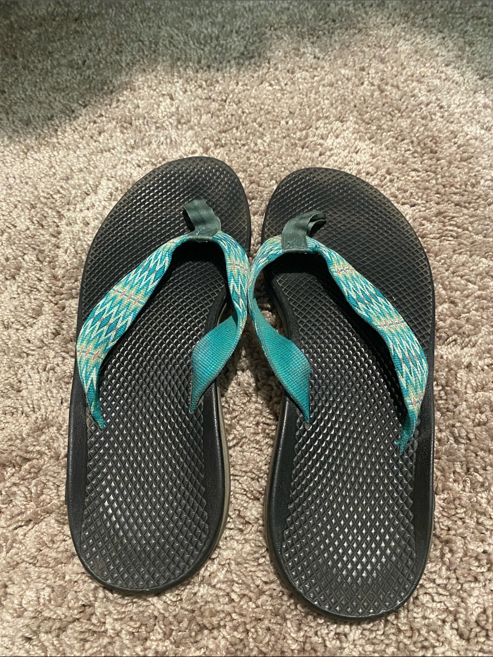 Chaco Black Flip Sandals with Teal Patterned Straps